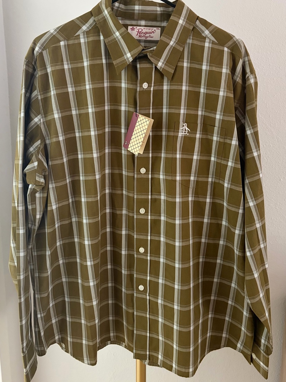 Original Penguin Olive and White Plaid Button-Down Shirt